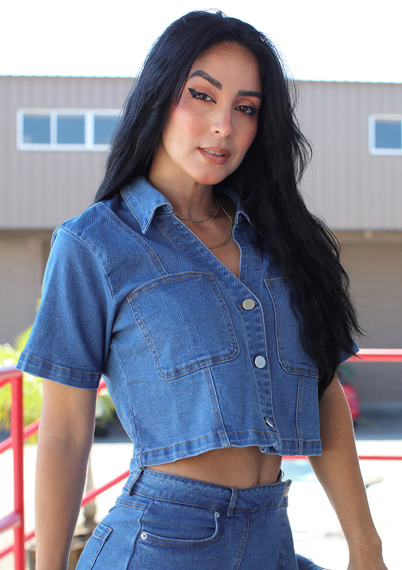 HM-T-57409 Medium Denim Blusa de Mujer