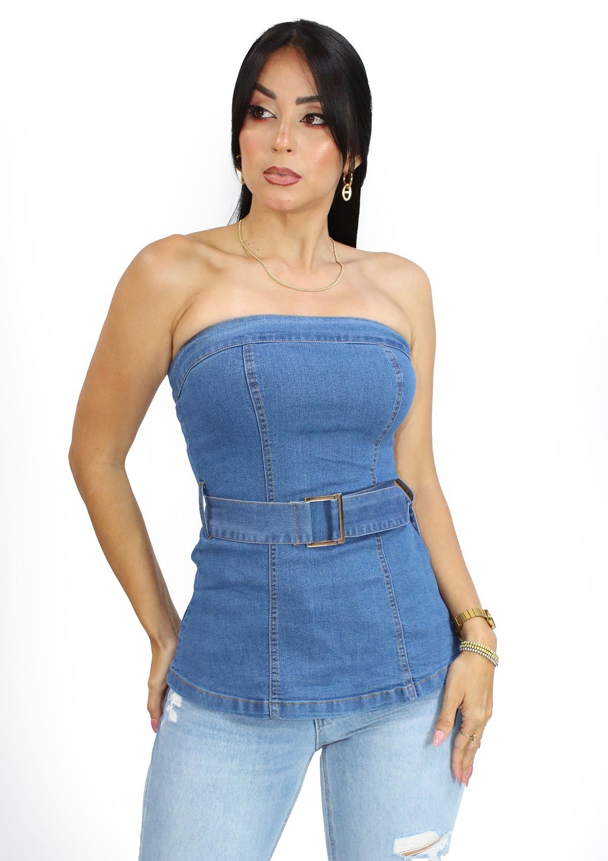 HM-T-57539 Medium Denim Blusa de Mujer