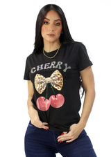 IN-Y300-CH Black Ribbon Cherry Blusa de Mujer