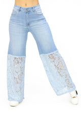 MRP21553 Light Denim Lace Wide Leg Jean by Maripily Rivera