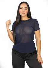 NY-X-128-MS Navy Mesh Shiny Top de Mujer