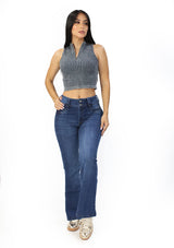 SC-21463 Dark Denim Flare Fit Petite Jean by Scarcha