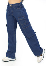 HM-P-40816 Dark Denim Pantalon Cargo de Mujer