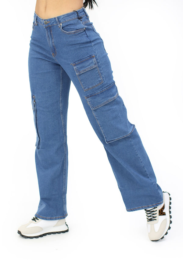 HM-P-40816 Medium Denim Pantalon Cargo de Mujer