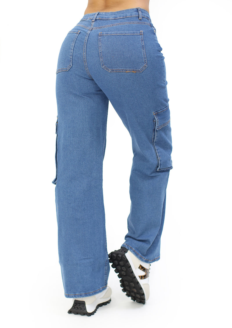 HM-P-40816 Medium Denim Pantalon Cargo de Mujer