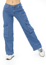 HM-P-40816 Medium Denim Pantalon Cargo de Mujer