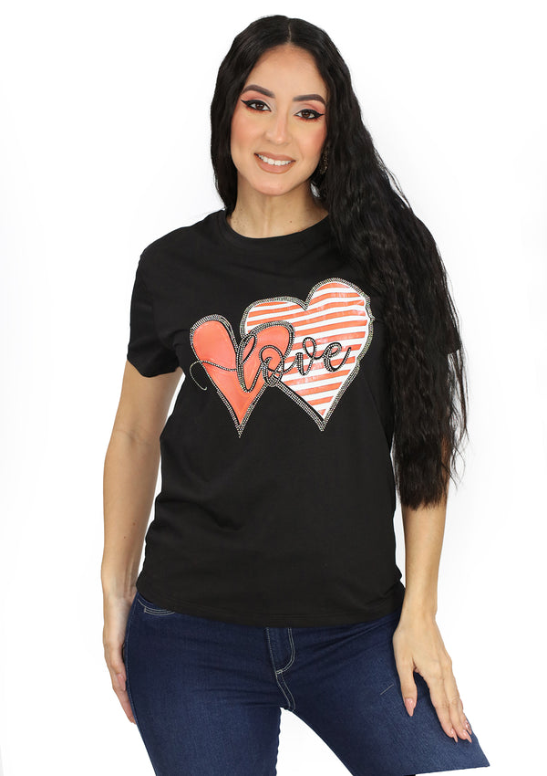 IN-Y300-CH Black 2 Heart Love Blusa de Mujer