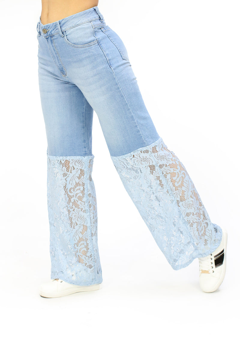 MRP21553 Light Denim Lace Wide Leg Jean by Maripily Rivera