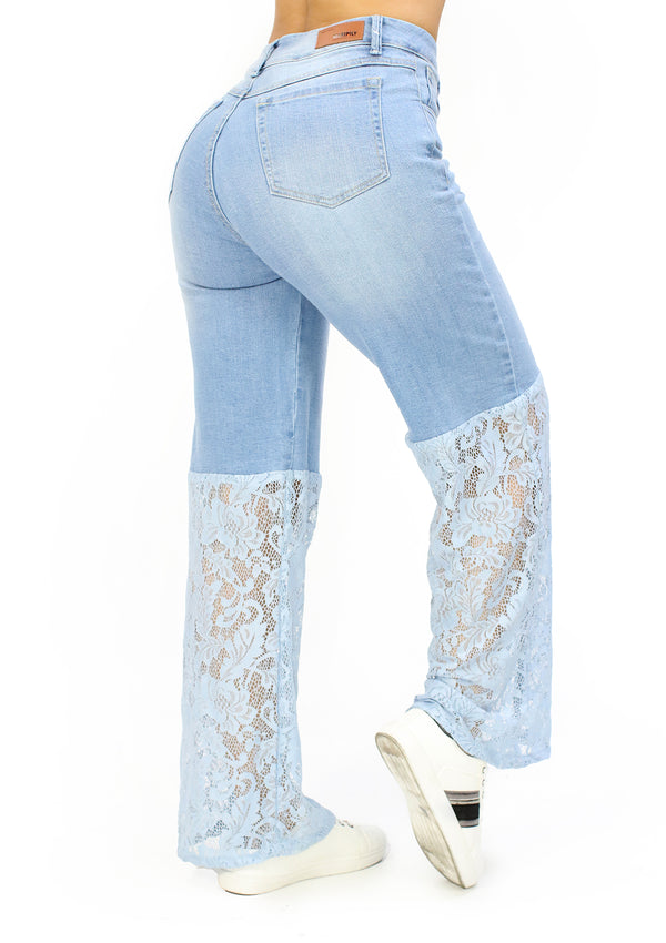 MRP21553 Light Denim Lace Wide Leg Jean by Maripily Rivera