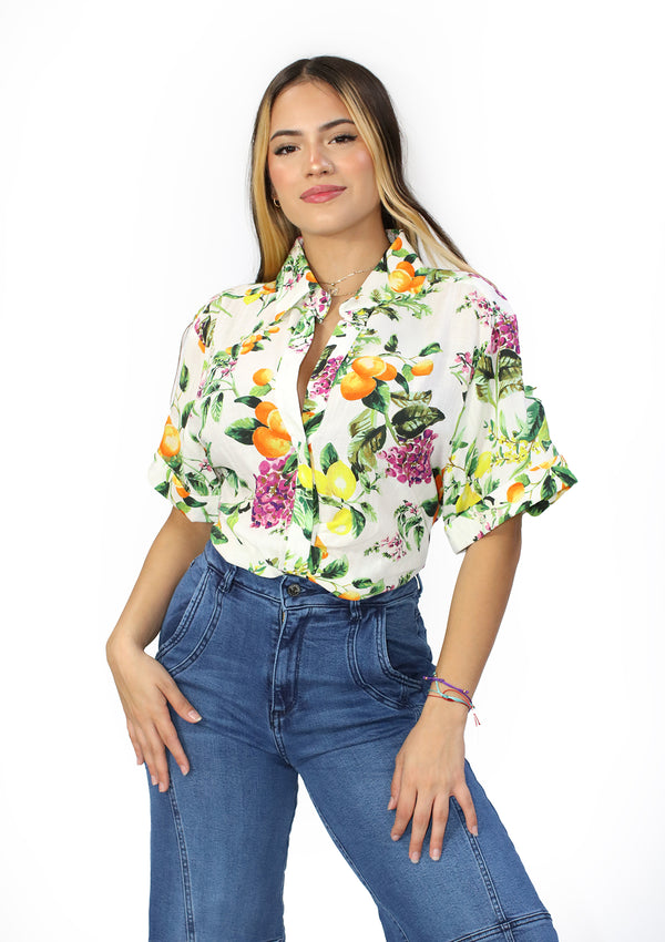 OM-T-5664 Lemon Print Blusa de Mujer