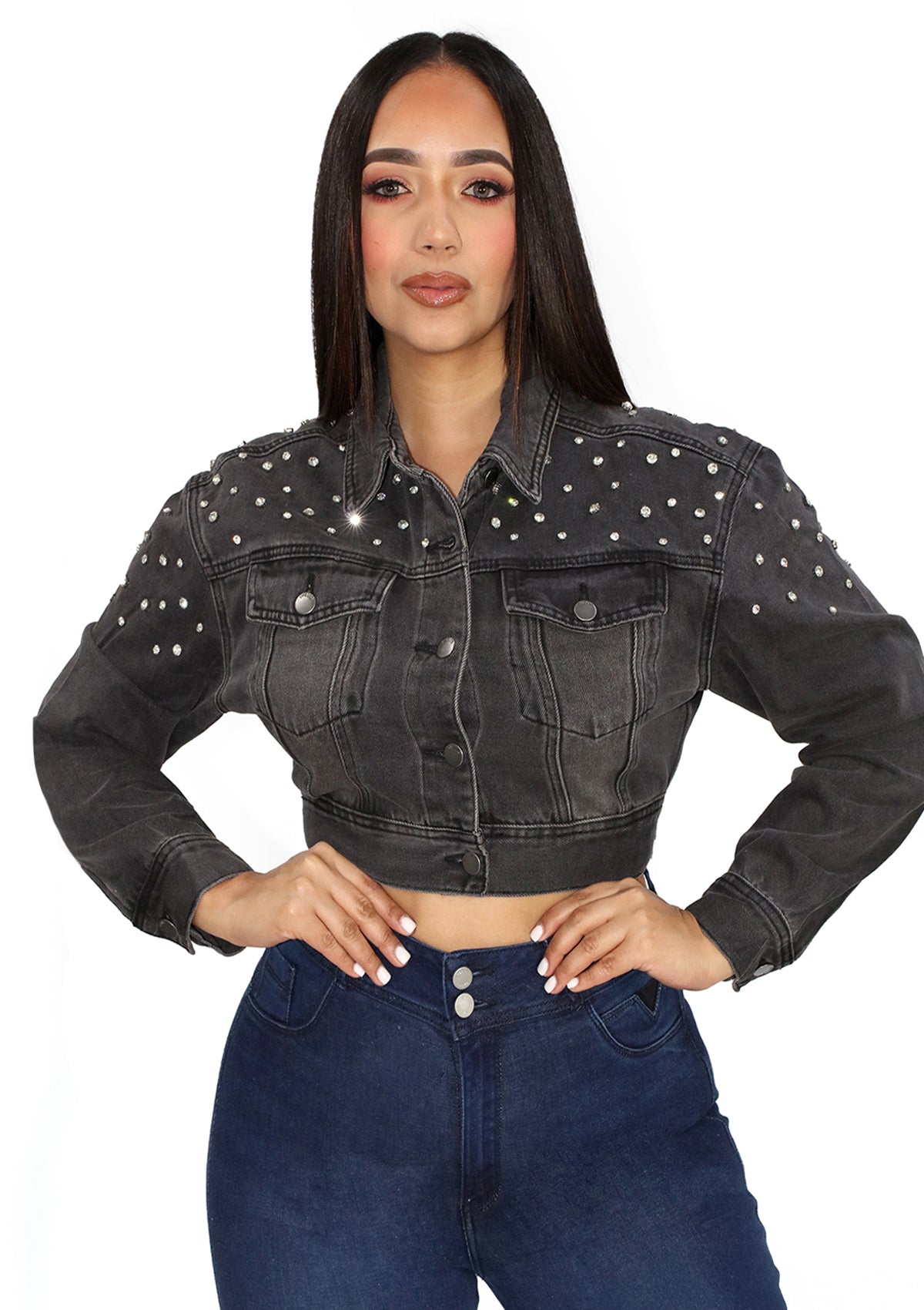 OT-TW-12125 Black Denim Rhinestone Jacket de Mujer