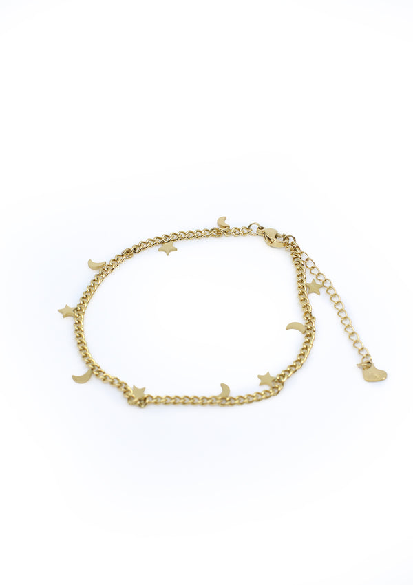 PP-3486-D Gold Stars & Moon Stainless Steel Tobillera de Mujer