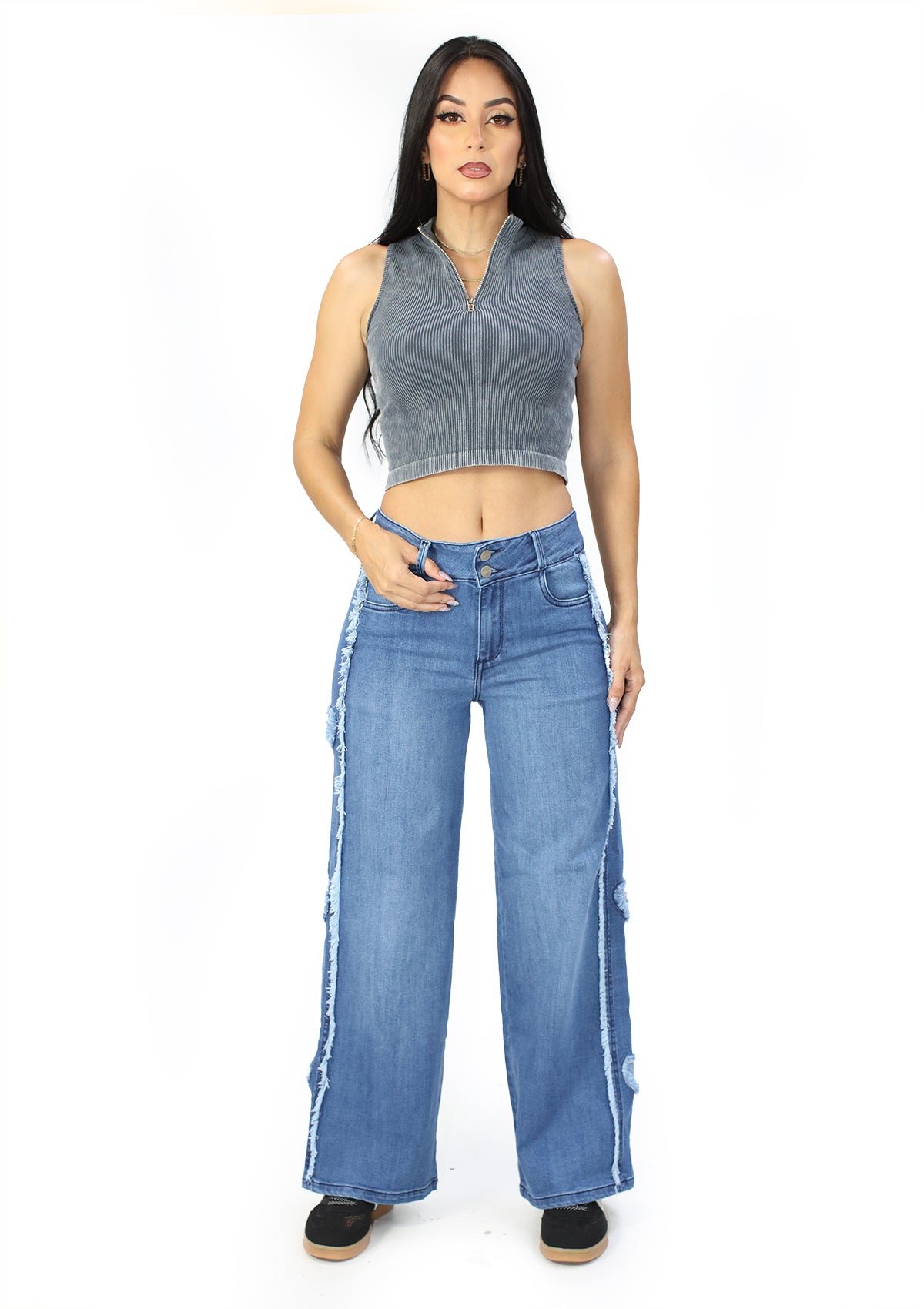SC-21478 Medium Denim Wide Leg Petite Jean by Scarcha