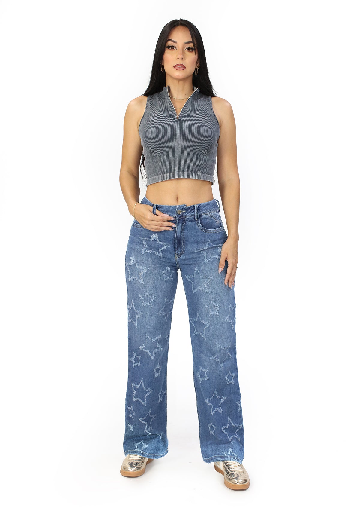 SC-21479 Medium Denim Straight Fit Petite Jean by Scarcha