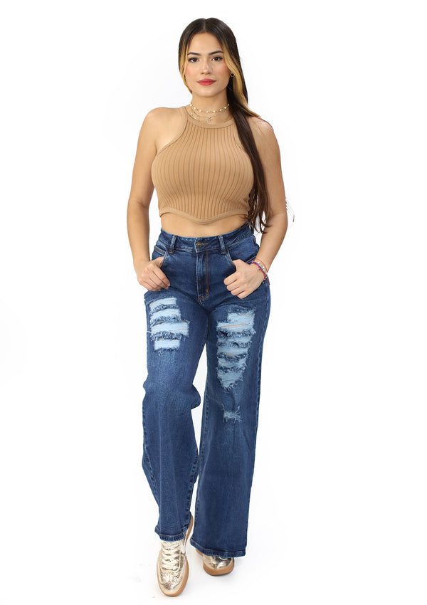 SC-21552 Medium Denim Wide Leg Jean by Scarcha