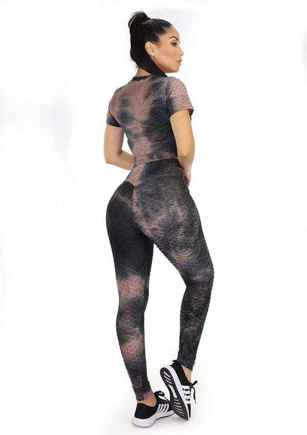 BISU909 Brown Tie Dye Set Deportivo con Compresión Anticelulitis para Mujer - Pompis Stores