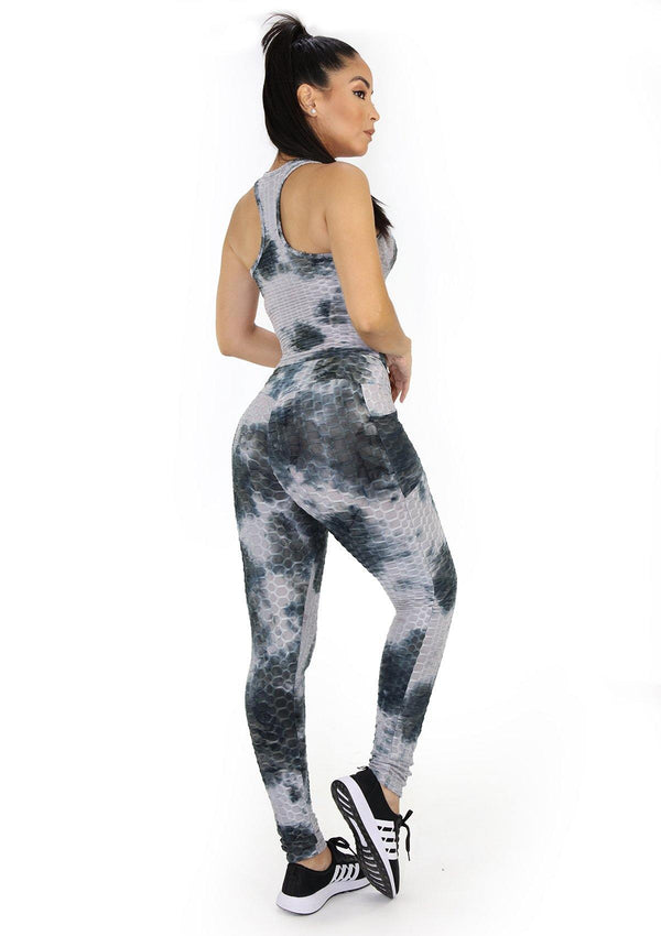 BIY6921 Gray Tie Dye Set Deportivo con Compresión Anticelulitis para Mujer - Pompis Stores